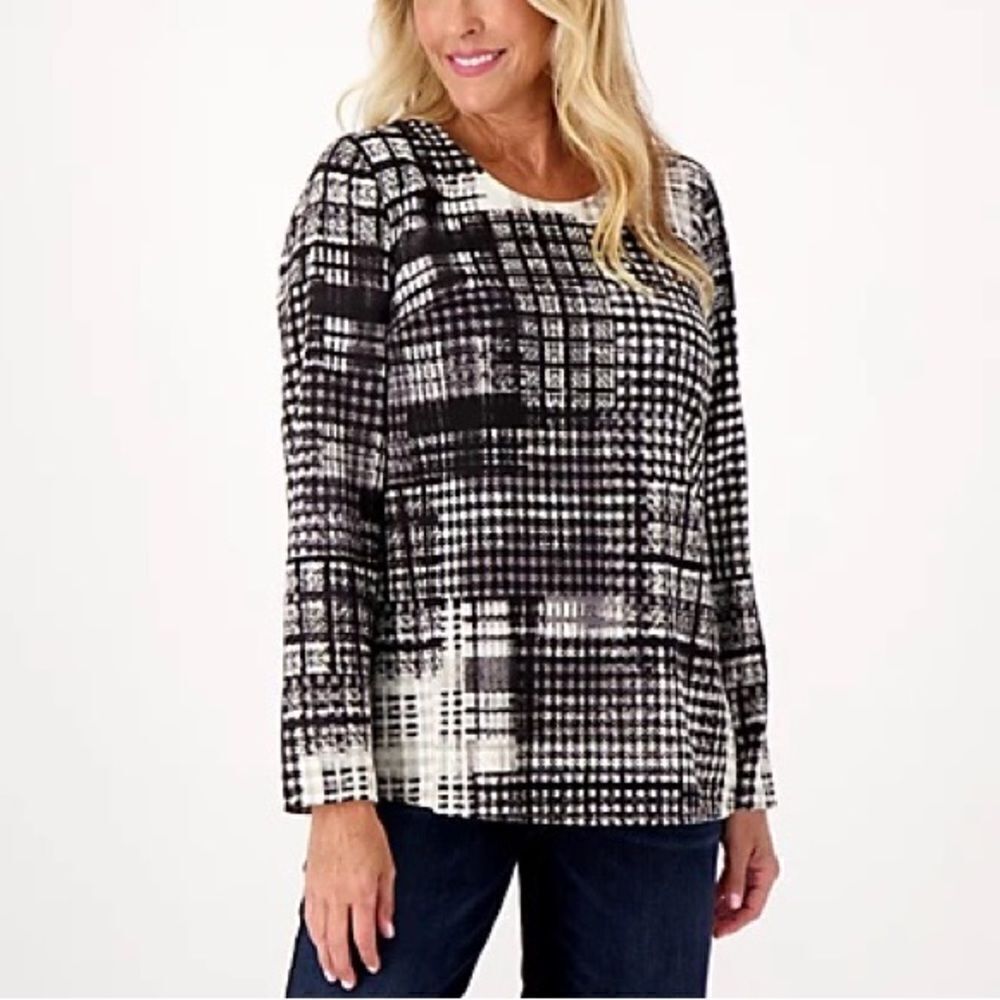 Denim & Co. Patchwork Plaid Stretch Woven Blouse